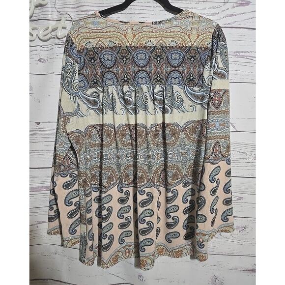 One World Blue Paisley Relaxed Long Sleeve Boho Peasant Top Womans Plus Size 2X - Picture 2 of 6